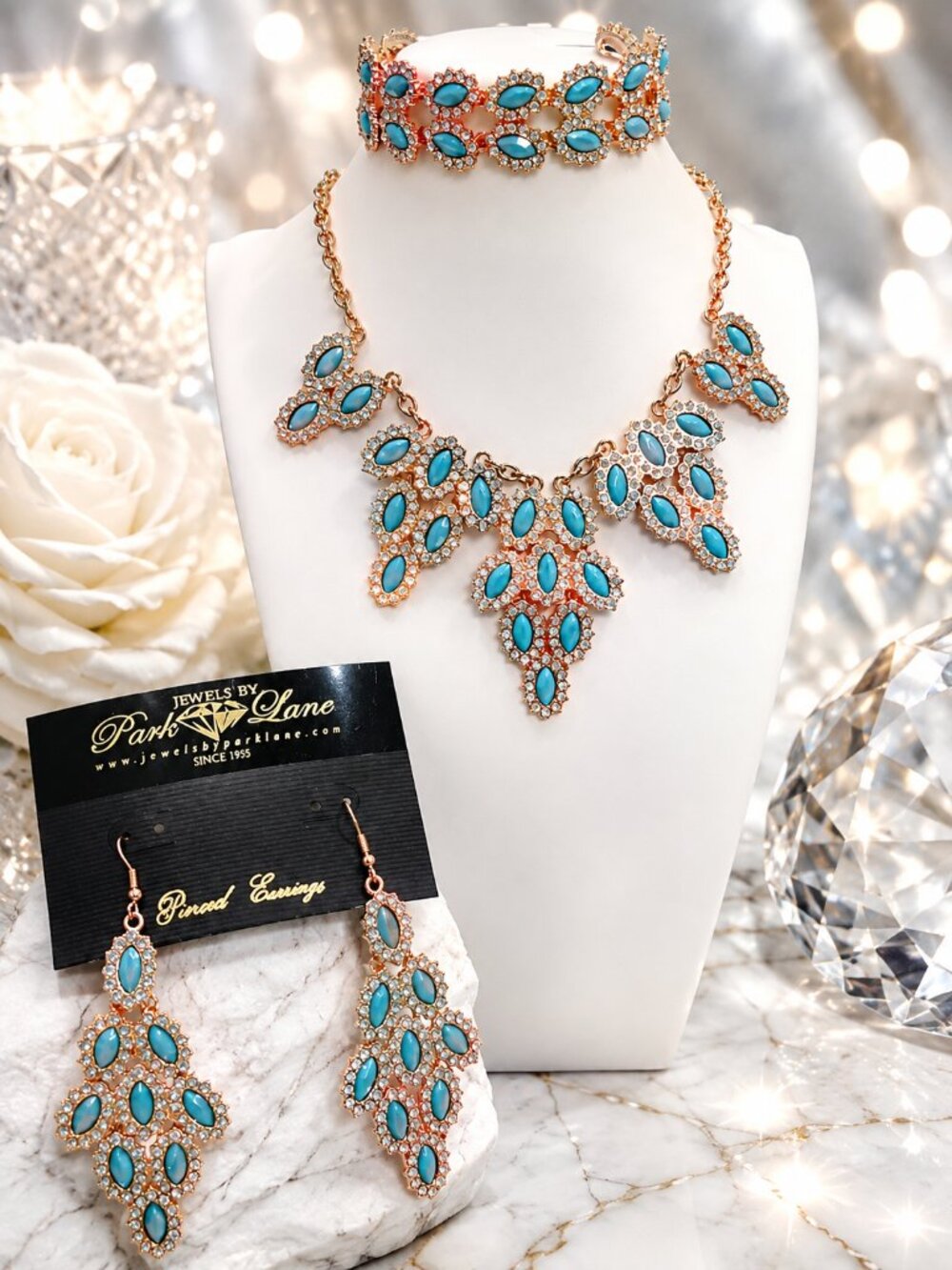 Park Lane Aria Set | Rose Gold & Turquoise Crystal Earrings Bracelet Necklace